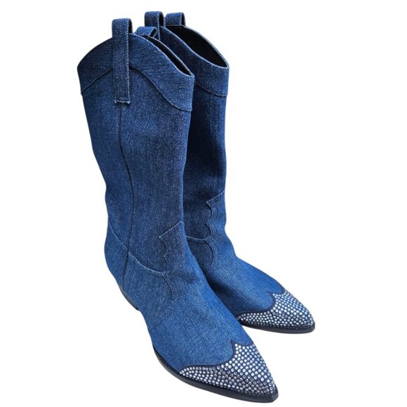 Karl Lagerfeld Blue Denim Rhinestone Lakota Boots - Picture 2 of 6